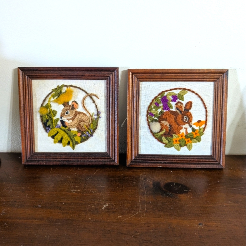 Vintage Crewel Pair Embroidered Woodland Animal Wall Art Set Rabbit Mouse